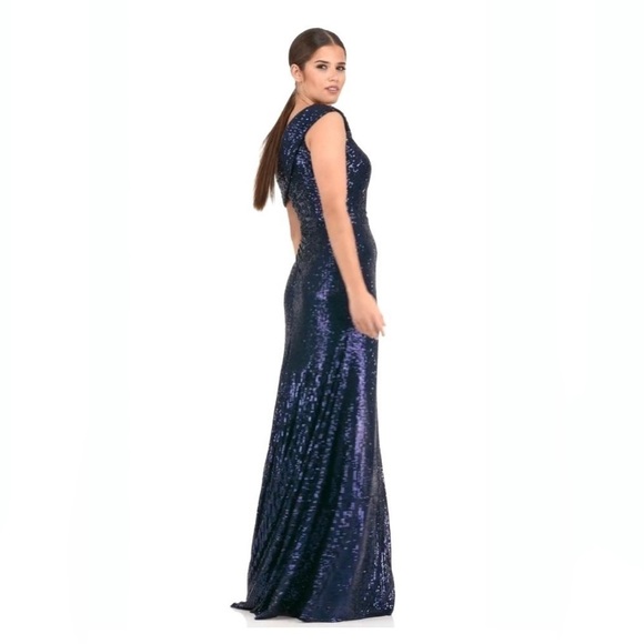Nwt Ieena for Mac Duggal One Shoulder Ruched Sequined Gown in Midnight - Picture 2 of 15